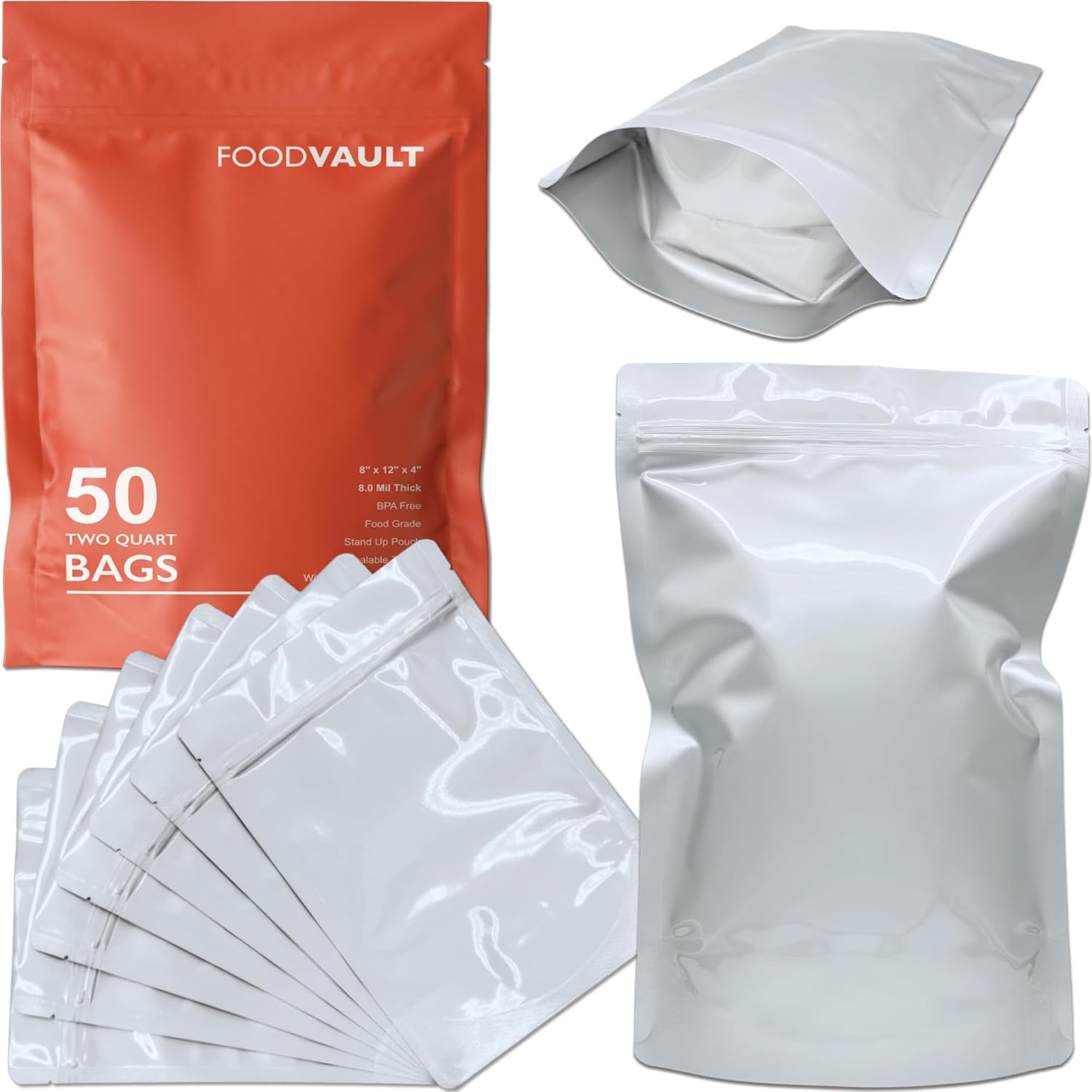 2 Quart Mylar Bags, 16 Mil Total Thickness, Stand-Up Vacuum Seal Bag for Long-Term Food Storage, Dehydrated Meals [50-Pack | 8" x 12" x 4"]