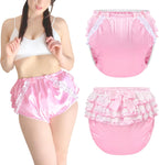 Littleforbig Washable Reusable Waterproof Ruffled Lace Bow Pretty in Pink Satin Over Adult Diaper Cover M