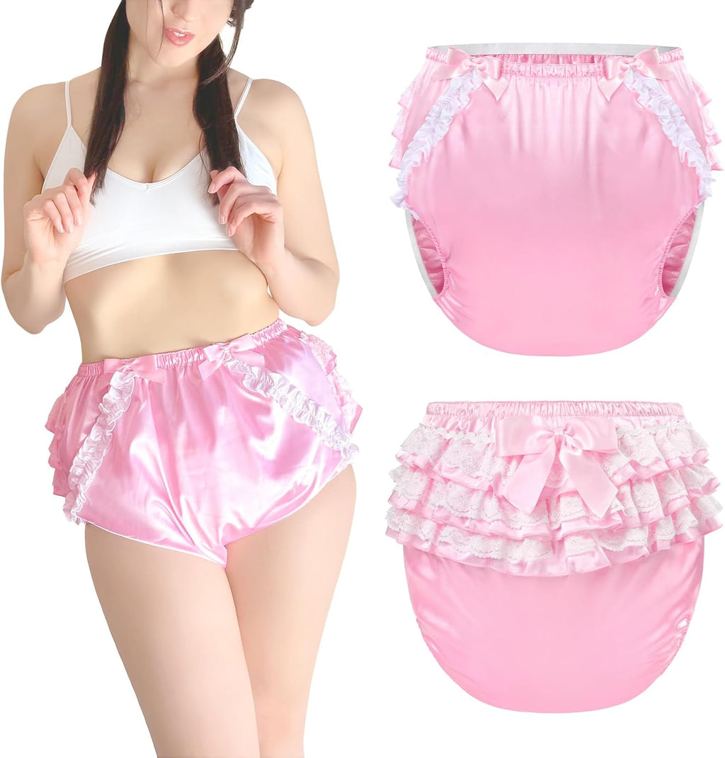 Littleforbig Washable Reusable Waterproof Ruffled Lace Bow Pretty in Pink Satin Over Adult Diaper Cover S
