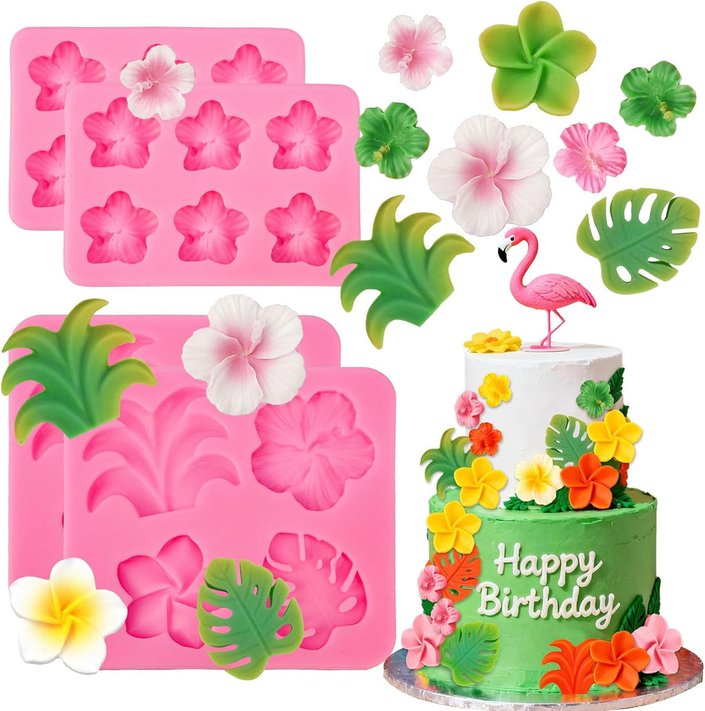 Tropical Flower Leaf Silicone Mold, 4 Pcs Hibiscus Plumeria Flower Fondant Molds Tropical Palm Leaves Chocolate Molds Silicone for Fondant Candy Cake Decoration Cupcake Topper Gum Paste Polymer Clay