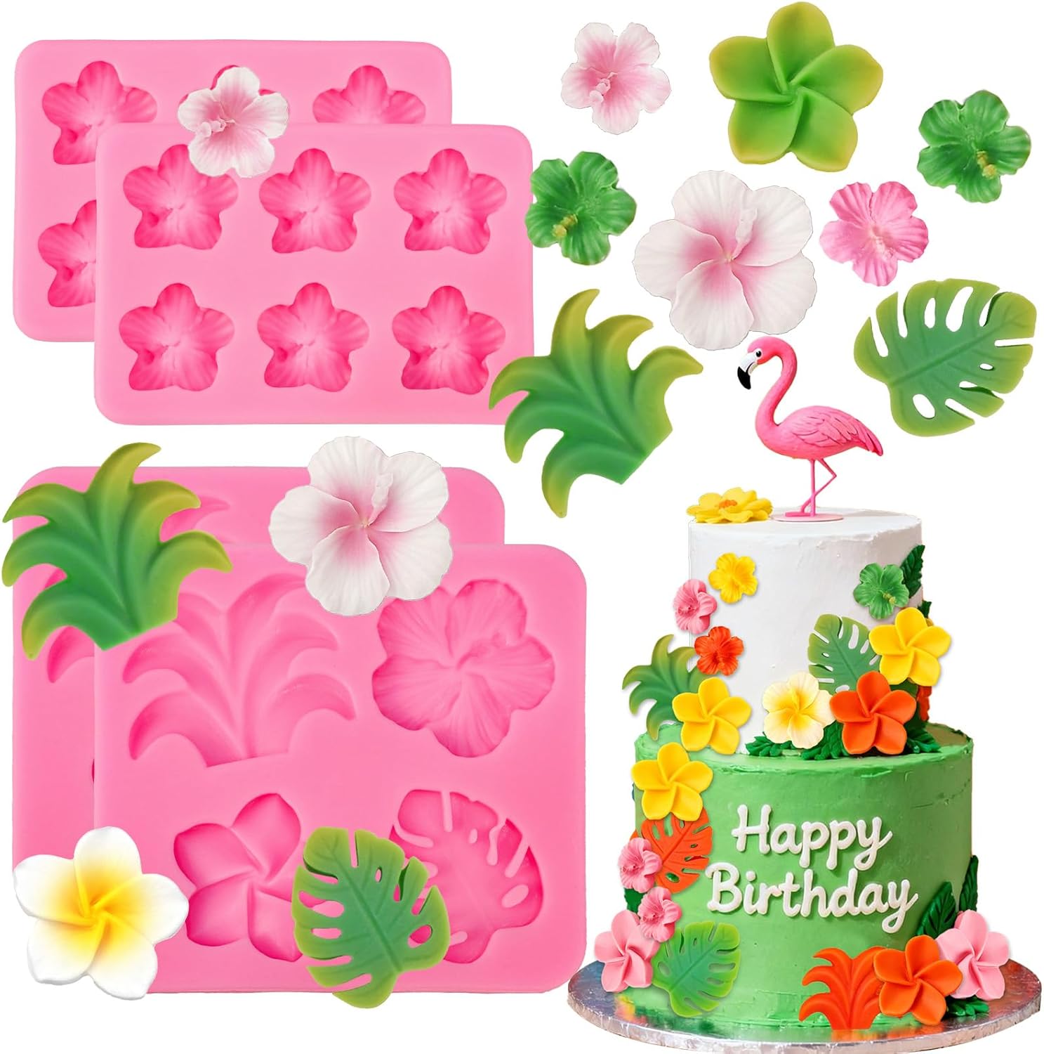 Tropical Flower Leaf Silicone Mold, 4 Pcs Hibiscus Plumeria Flower Fondant Molds Tropical Palm Leaves Chocolate Molds Silicone for Fondant Candy Cake Decoration Cupcake Topper Gum Paste Polymer Clay