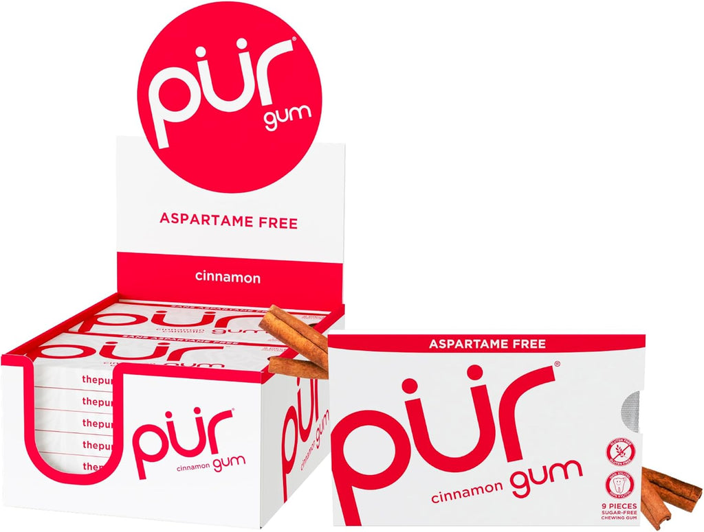 PUR Gum | Aspartame Free Chewing Gum | 100% Xylitol | Natural Cinnamon Flavored Gum, 9 Pieces (Pack of 12)