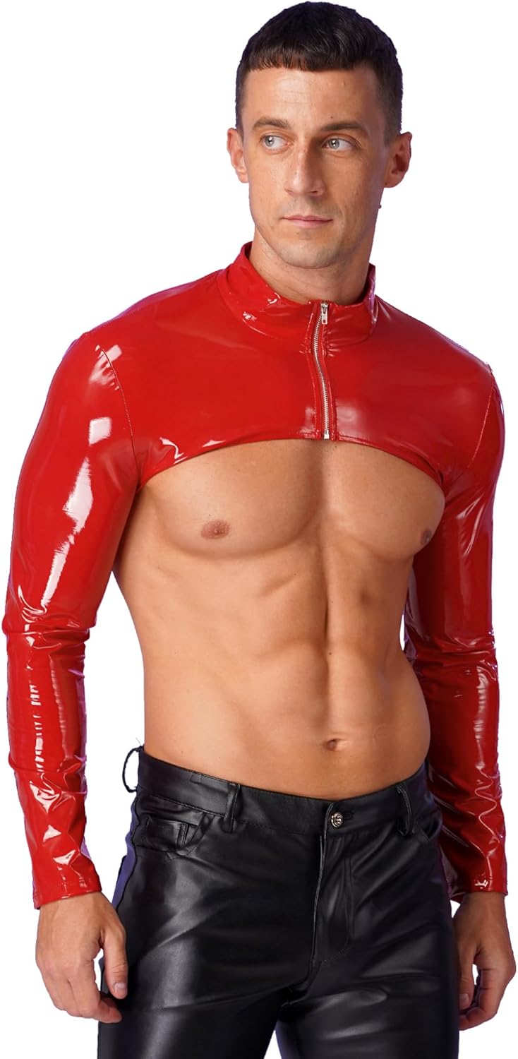 Mufeng Mens Wet Look Faux Leather Arm Sleeves Shrug Shirt Tops Zipper Jacket Clubwear