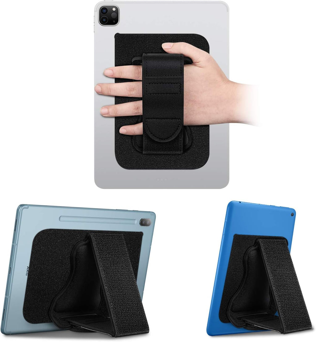Fintie Universal Tablet Hand Strap Holder - [Dual Stand Supports] Detachable Padded Hook & Loop Fastening Handle Grip with Adhesive Patch for iPad/Galaxy Tab and All 7-11" Tablets, Black