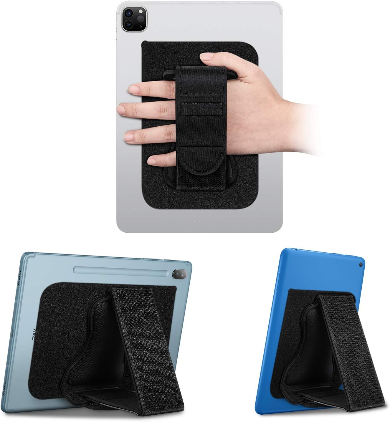 Fintie Universal Tablet Hand Strap Holder - [Dual Stand Supports] Detachable Padded Hook & Loop Fastening Handle Grip with Adhesive Patch for iPad/Galaxy Tab and All 7-11" Tablets, Black
