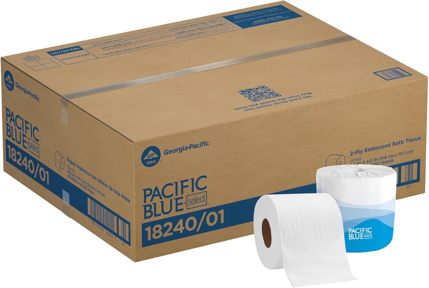 Pacific Blue Select 2-Ply Embossed Toilet Paper (previously Branded Preference), 18240/01, 550 Sheets Per Roll, 40 Rolls Per Case