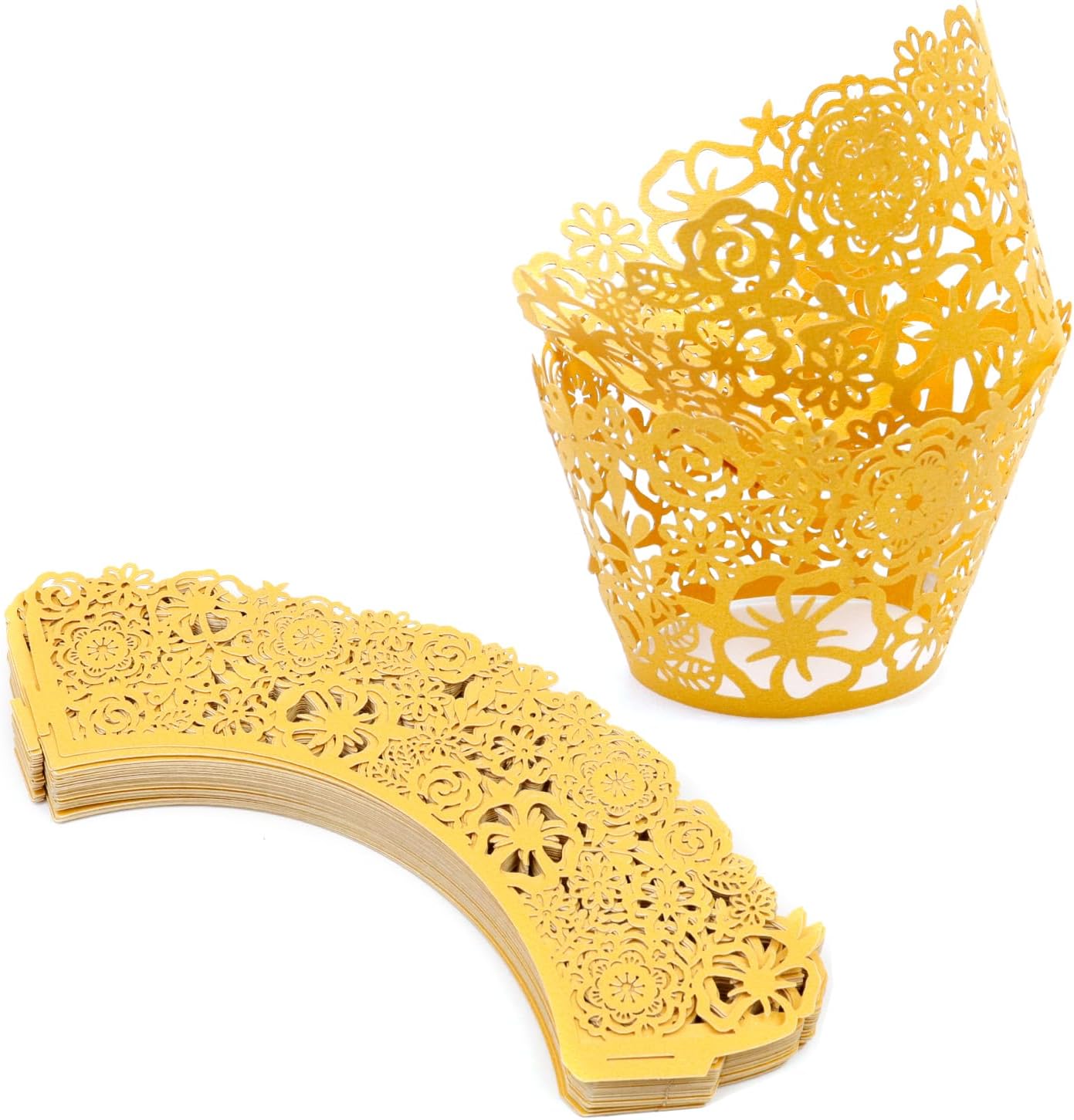 Antrader Lace Cupcake Liners,50Pcs Cupcake Wrappers Laser Cut Cupcake Papers Cupcake Muffin Cups for Christmas Wedding Birthday Party Decoration, Gold