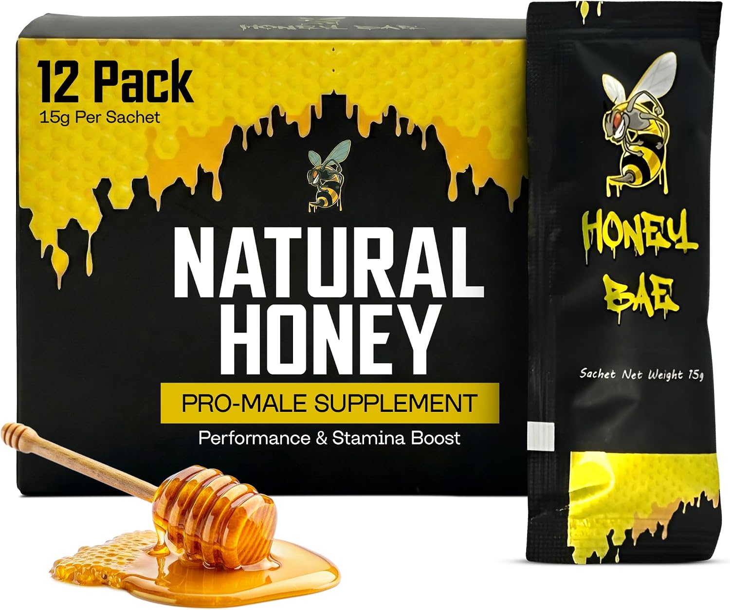 Honey Bae Natural Honey Sachets, Herbal Vitality & Energy Support for Men, Pure Honey with Maca Tongkat Ali Ginseng, On-The-Go Single Serve Packets, 12 x 15g