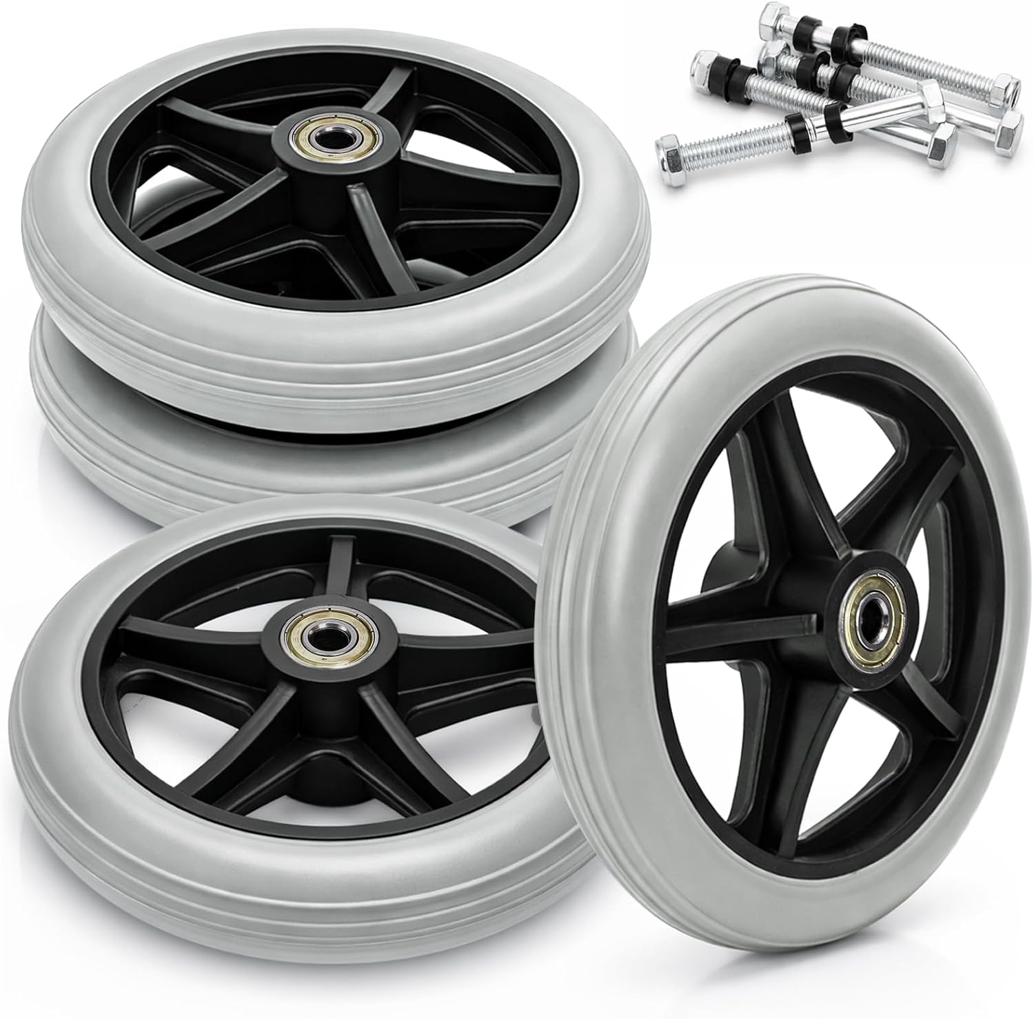 Covzoe 4 Pieces Wheelchair Front Wheels, 6 Inch Replacement Walker Wheels with 4 Axles, Anti Slip Rollator Wheel PU Tires Accessories for Safe Rolling, Gray