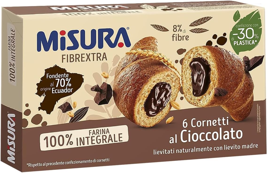 CAIYA Misura Fibrextra Cornetti di Pasta Sfoglia Integrale con Ripieno al Cioccolato Fondente 308g