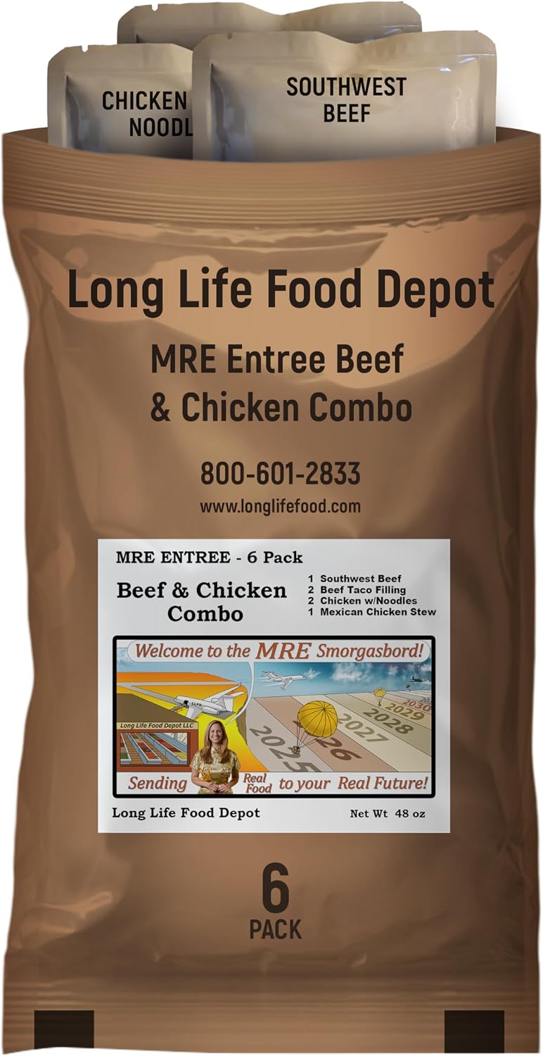 MRE Entrees Variety Pack (6-Pack) – Beef & Chicken Combo – Main Courses Only (Not Full Meals) – Long Shelf Life – 2024+ Production Dates by Long Life Food Depot – Meals Ready to Eat