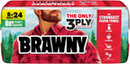 Brawny Tear-A-Square 3-Ply Paper Towels, 8 Triple Rolls = 24 Regular Rolls, Strong, Absorbent, and Durable with 3 Sheet Sizes (Quarter, Half, Full)