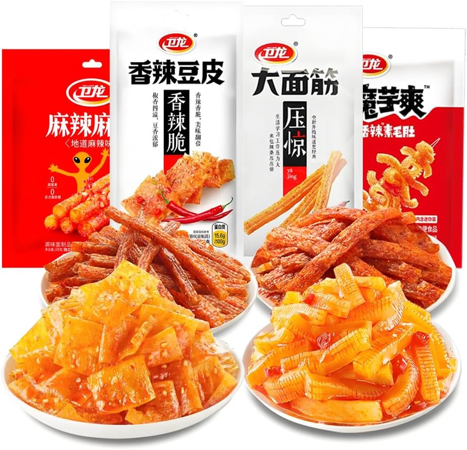 Chinese Spicy Snack Variety Pack, 4 Flavors - soybean skin, Gluten Strips, Konjac Jelly, Spicy Bars, Non-Fried, 60g-80g Bags