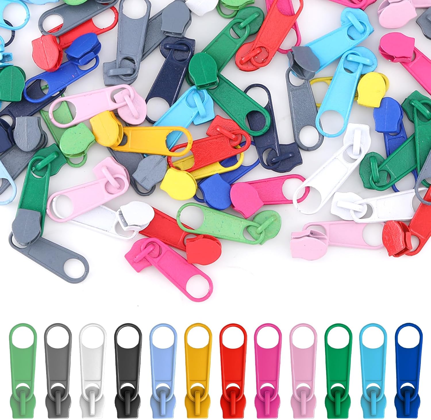 100 PCS Metal Zipper Slider Replacement, #3 Universal Zipper Repair Kit (12 Colors) Replacement Slider Zippers Pull Rescue Kit for Clothing Jackets, Coats, Backpacks