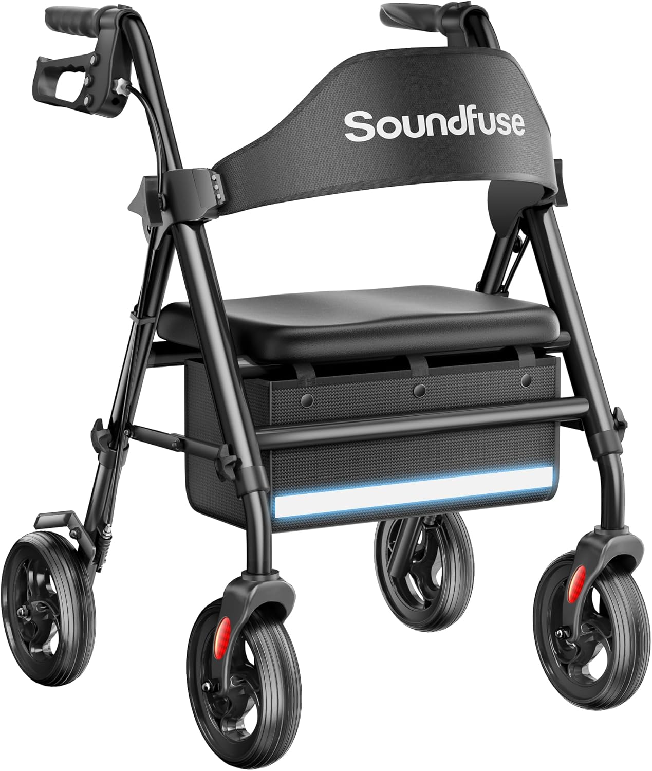 Soundfuse Rollator Walkers with Seat for Seniors, Foldable 8" Big Wheels All Terrain Rolling Walker, Handles and Ergonomic Seat Height Adjustable, 350 lb