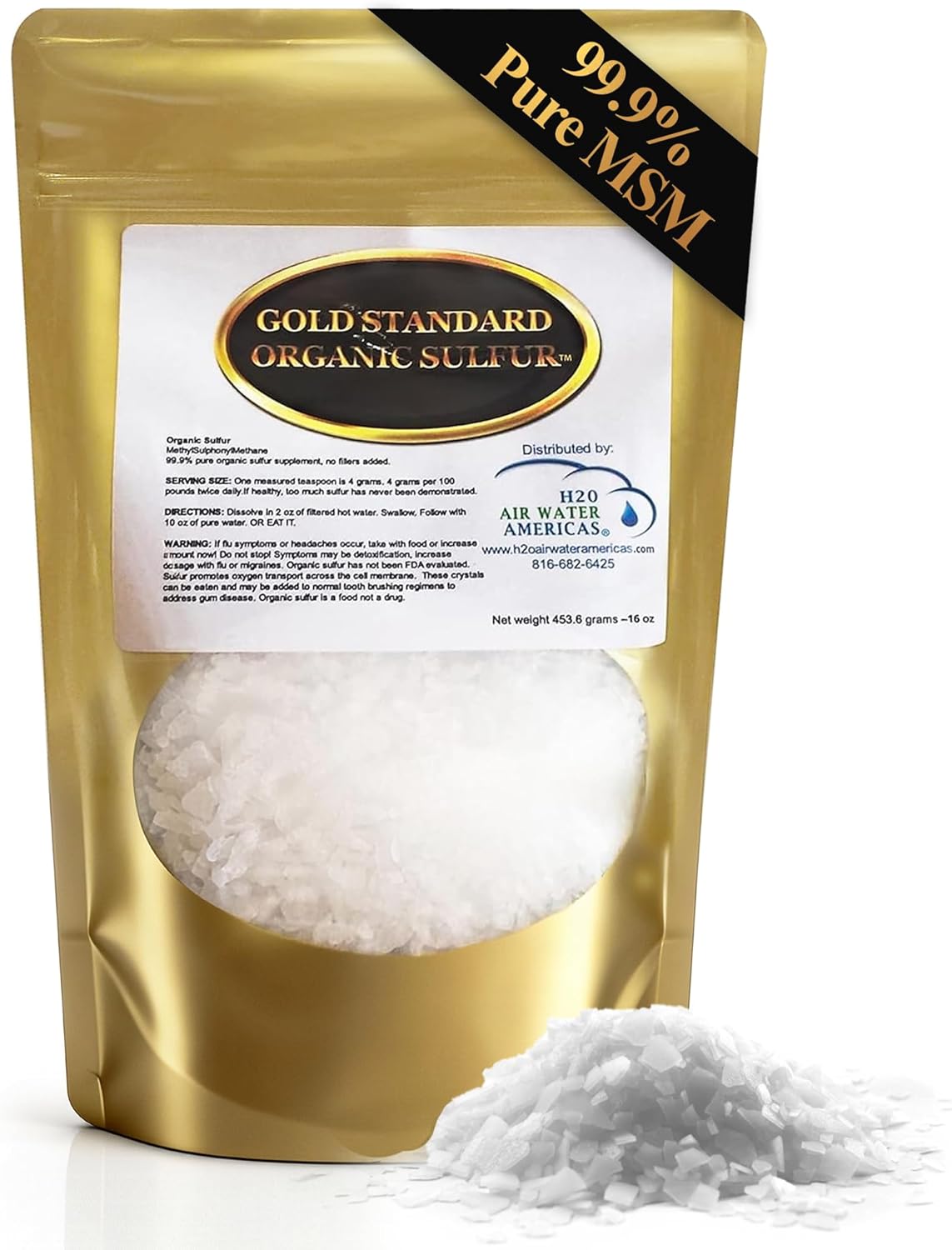 Gold Standard Organic Sulfur Crystals 1lb - 99.9% Pure MSM Crystals - High-Purity MSM Supplement Powder - Large Granular Flakes - 3rd Party Tested for Purity
