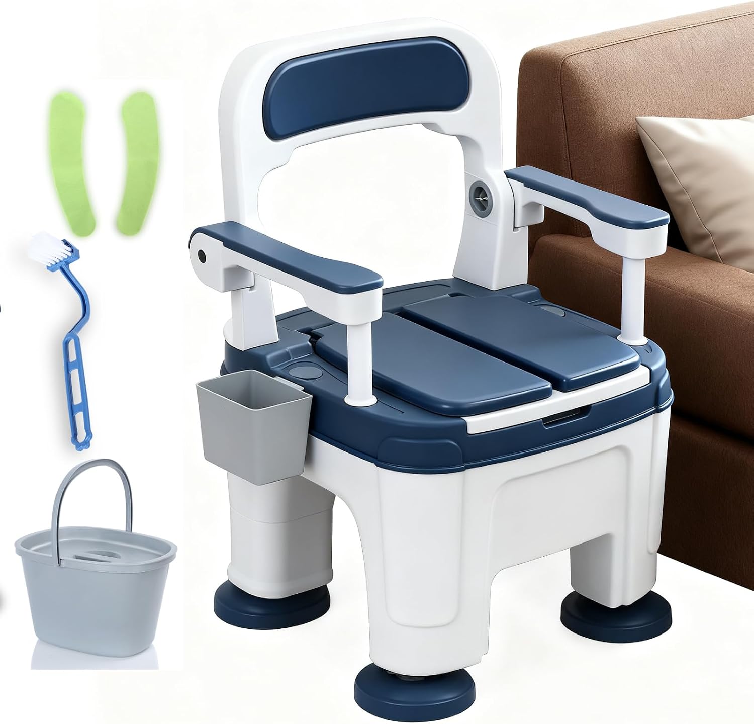 Bedside Commode for Seniors, Portable Anti-Slip Bedside Commode with Armrest Seat Height Adjustable, Rugged Construction Adult Potty Chair for Seniors Load 882Lbs Blue