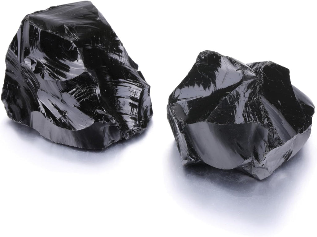 Jovivi 2pcs Raw Black Obsidian Crystals,Large 1.6-2.2" Healing Crystals Natural Rough Stones Crystal for Tumbling, Cabbing, Home Decoration, Polishing, Wicca & Reiki