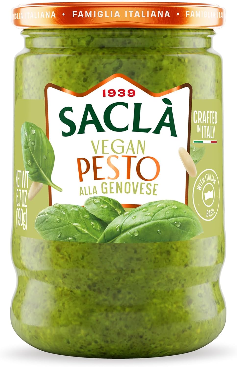 SACLA Vegan Basil Pesto alla Genovese | Dairy-Free Pesto Sauce made from Fresh Italian Basil & Cashews | 6.7 oz Glass Jar | Non-GMO, Plant-Based | Imported from Italy