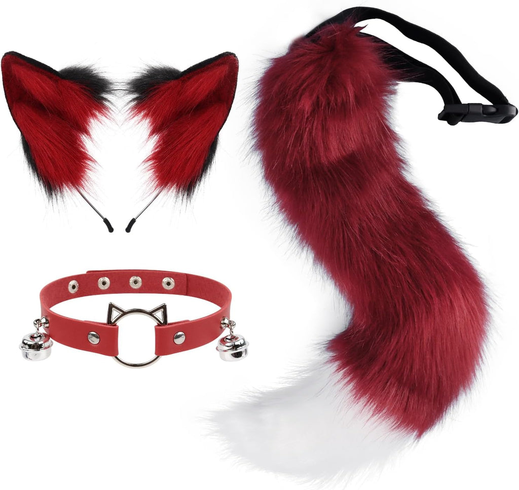 Furry Animal Cat Fox Tail Faux Fur Wolf Ear Headband Leather Neck Chocker Costume Set for Party Halloween Cosplay
