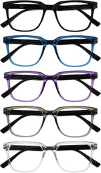 OPULIZE LEO Reading Glasses for Women Men, Large Rectangular Frame with Spring Hinges, Black Blue Purple Grey Clear +1.50 (Pack of 5)