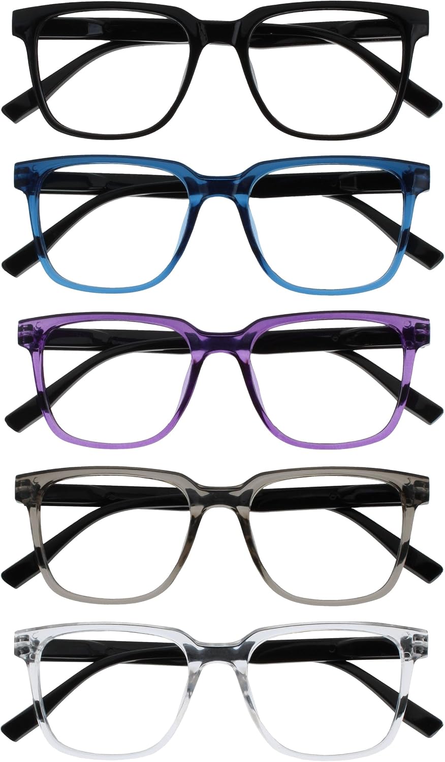 OPULIZE LEO Reading Glasses for Women Men, Large Rectangular Frame with Spring Hinges, Black Blue Purple Grey Clear +1.50 (Pack of 5)