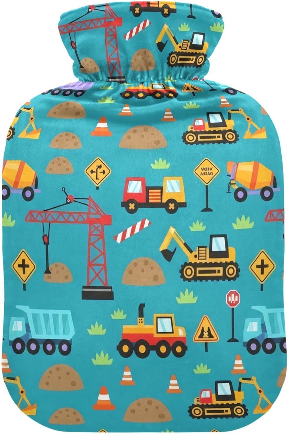 Construction Vehicles Teal Blue Hot Water Bottle with Soft Cover Feet Warmer with Soft Cover Warm Water Heat Bottles for Menstrual Cramps Pain Relief Medium