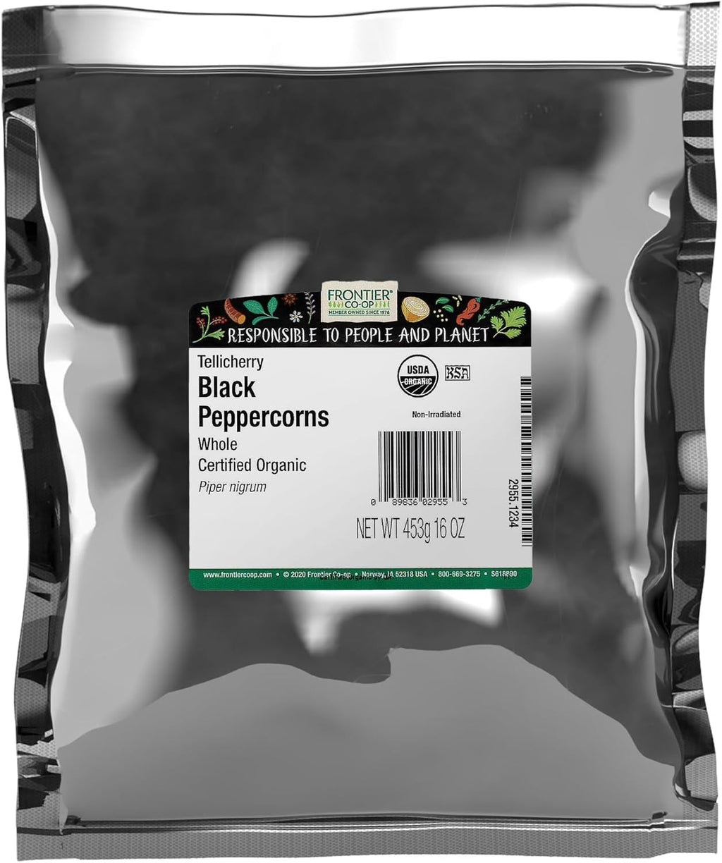 Frontier Co-op Black Peppercorns Whole, 1lb Bulk Bag - Tellicherry Black Pepper - Organic Peppercorns for Grinder Refill, Cooking, Pickling, and More | 16 Ounce (Pack of 1)