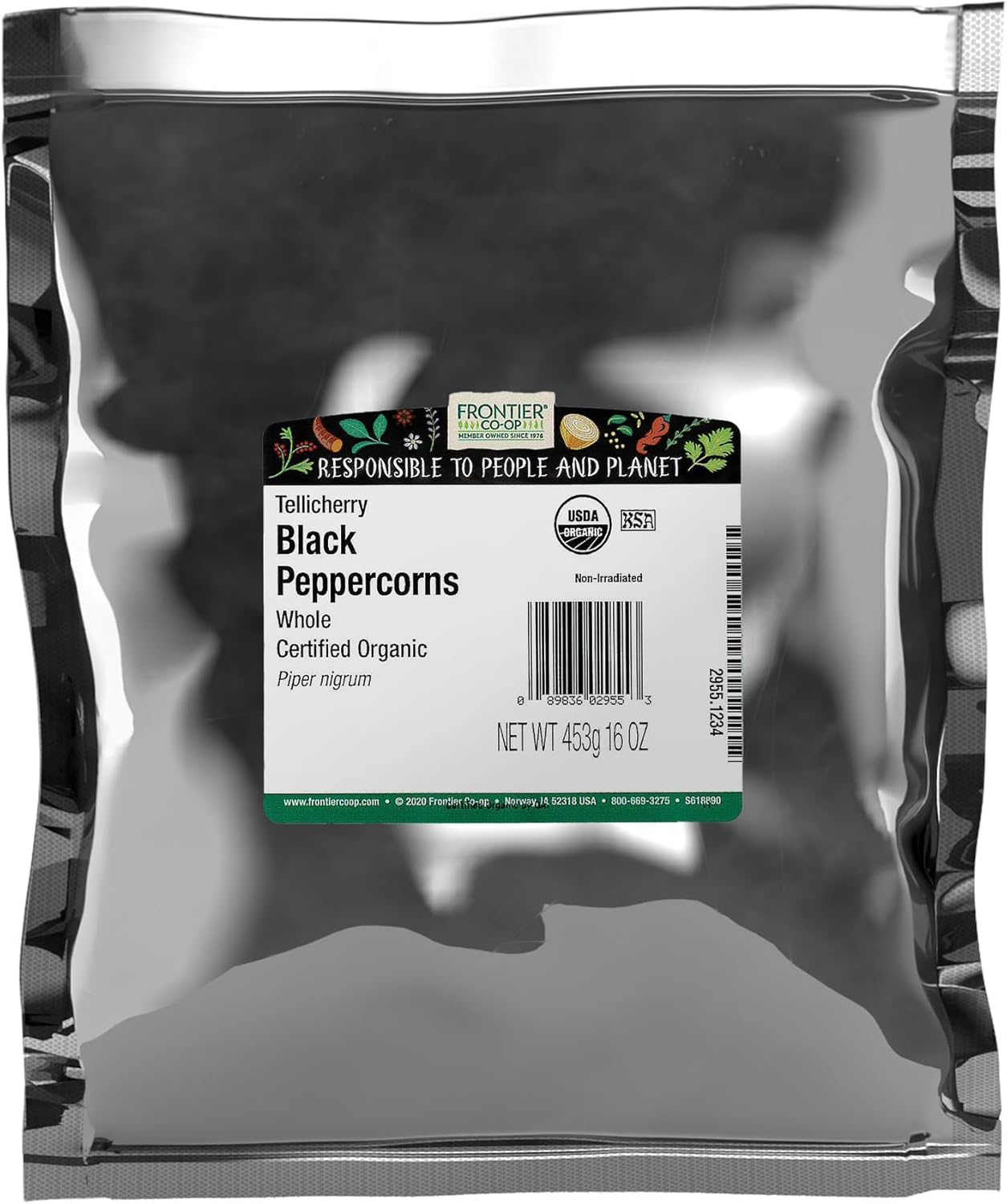 Frontier Co-op Black Peppercorns Whole, 1lb Bulk Bag - Tellicherry Black Pepper - Organic Peppercorns for Grinder Refill, Cooking, Pickling, and More | 16 Ounce (Pack of 1)
