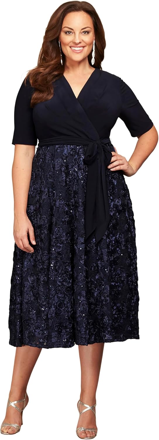 Alex Evenings Tea Length Mother of the Bride Dress With Rosette Lace Detail