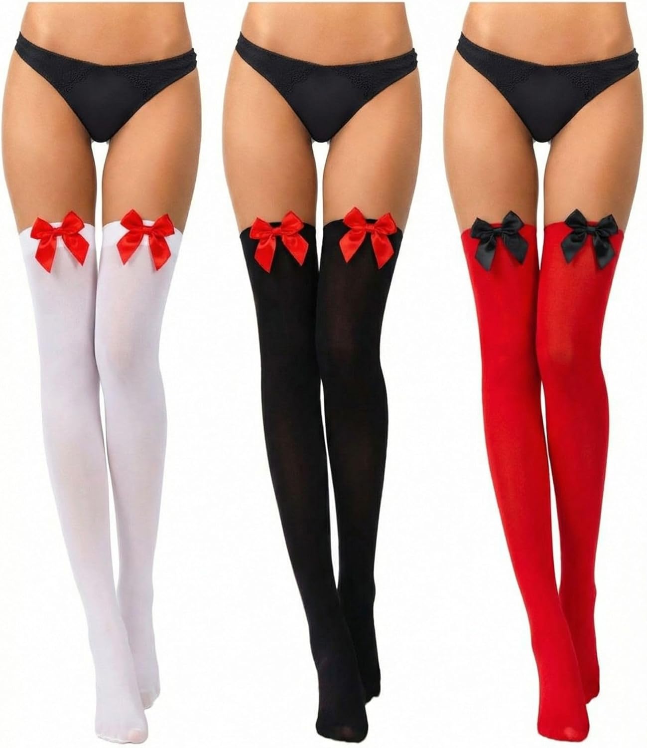 Boao 3 Pairs Thigh High Stockings Thigh High Socks with Bow for Women over Knee Lingerie Stockings for Cosplay Daily Wear