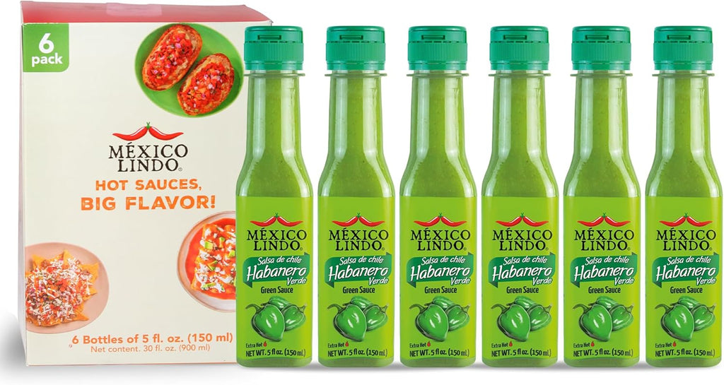 Mexico Lindo Green Habanero Hot Sauce | Real Green Habanero Chili Pepper | 75,900 Scoville Level | Enjoy with Mexican Food, Seafood & Pasta | 5 Fl Oz Bottles (Pack of 6)