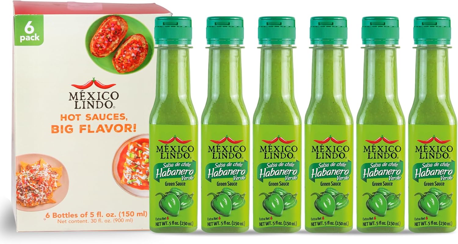 Mexico Lindo Green Habanero Hot Sauce | Real Green Habanero Chili Pepper | 75,900 Scoville Level | Enjoy with Mexican Food, Seafood & Pasta | 5 Fl Oz Bottles (Pack of 6)