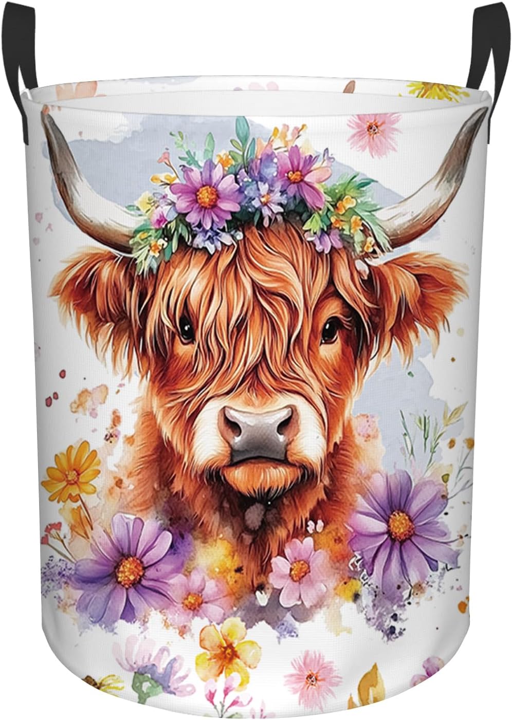 Highland Cow Laundry Basket, 43L Round Oxford Cloth Laundry Hamper, Waterproof Collapsible Storage Organizer Bin with Handles for Toys, Nursery Home Storage, Gift for Chritsmas Thanksgiving 13.8x17.7