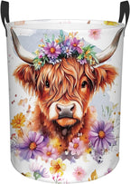 Highland Cow Laundry Basket, 43L Round Oxford Cloth Laundry Hamper, Waterproof Collapsible Storage Organizer Bin with Handles for Toys, Nursery Home Storage, Gift for Chritsmas Thanksgiving 13.8x17.7