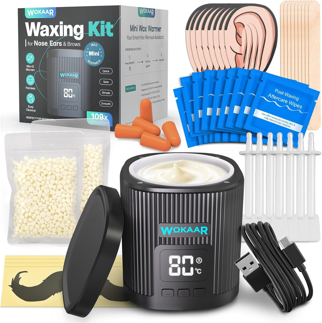 Nose Wax Kit for Eyebrow and Ear Hair | 100gWax, 50 Face Waxing Sticks | USB-C(5V/2A) Wax Warmer | Hair Removal Kit for Men & Women | 15 Pre/Post Wipes, Ear and Mustache Guards & Earplug