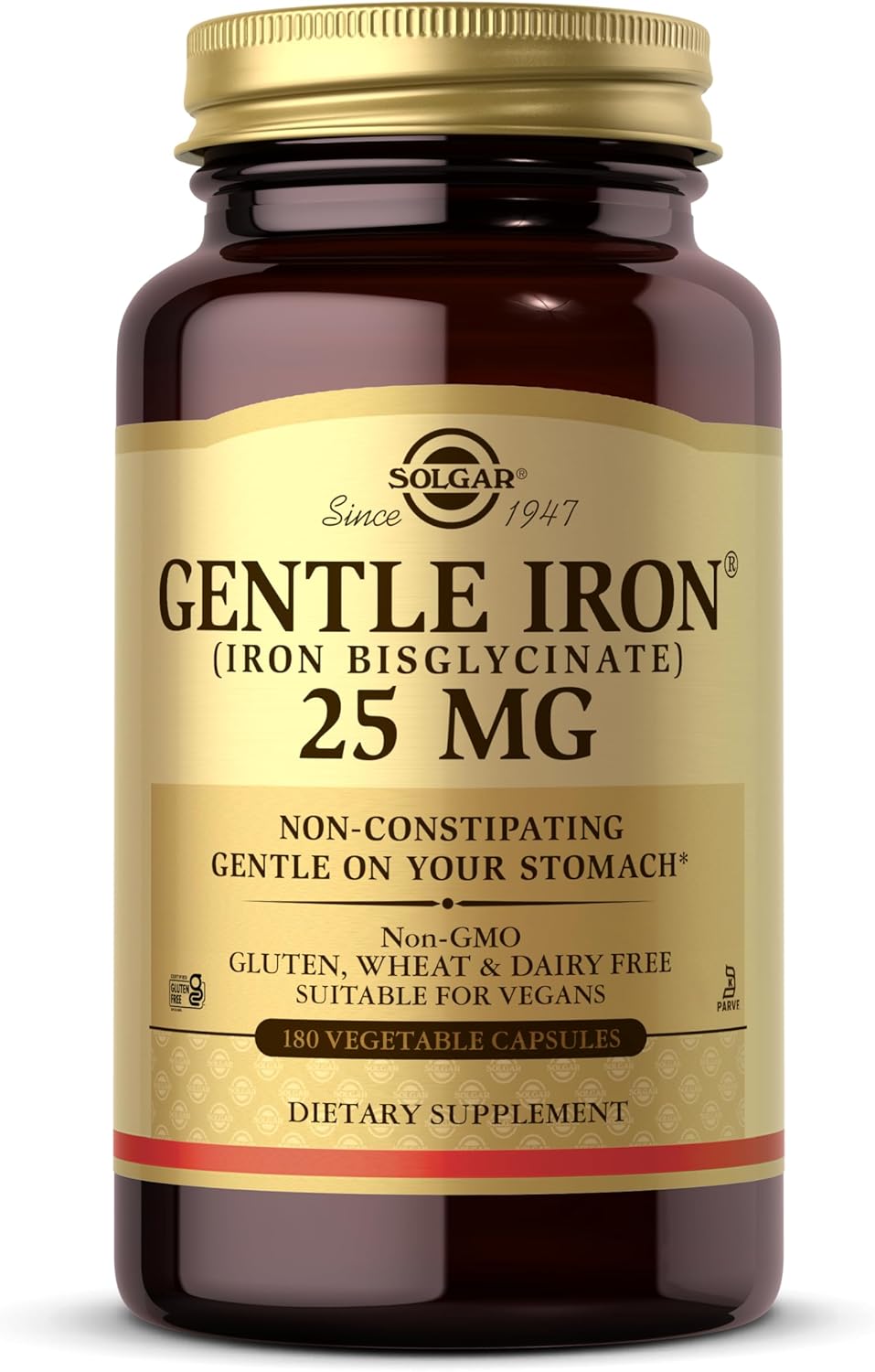 Solgar Gentle Iron, 180 Vegetable Capsules - Ideal for Sensitive Stomachs - Non-Constipating - Red Blood Cell Supplement - Non GMO, Vegan, Gluten-Free, Dairy Free, Kosher - 180 Servings