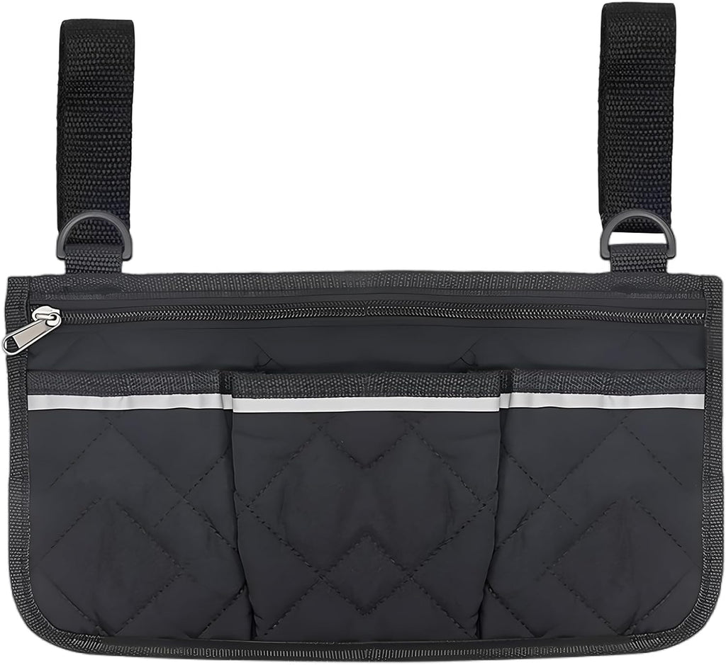 Wheelchair Side Bag with Reflective Stripe, Armrest Storage Pouch Organizer, Walker Accessory Pocket for Rollators Mobility Scooters, Black