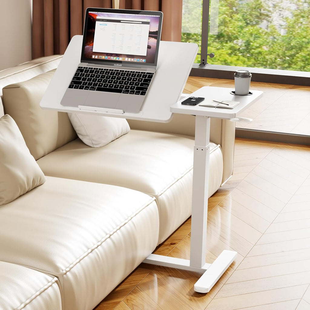 Foldable Overbed Table with Wheels, Pneumatic Height Adjustable Overbed Bedside Table, Tilting Desktop Mobile Standing Desk, Rolling Laptop Desk for Bed, Sofa, or Hospital Use (White)