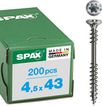 SPAX Facade Screw, 4.5 x 43 mm, Pack of 200, Fixing Thread, Raised Countersunk Head, T-Star Plus T20, 4CUT, Rustproof Stainless Steel A2-25470004504322
