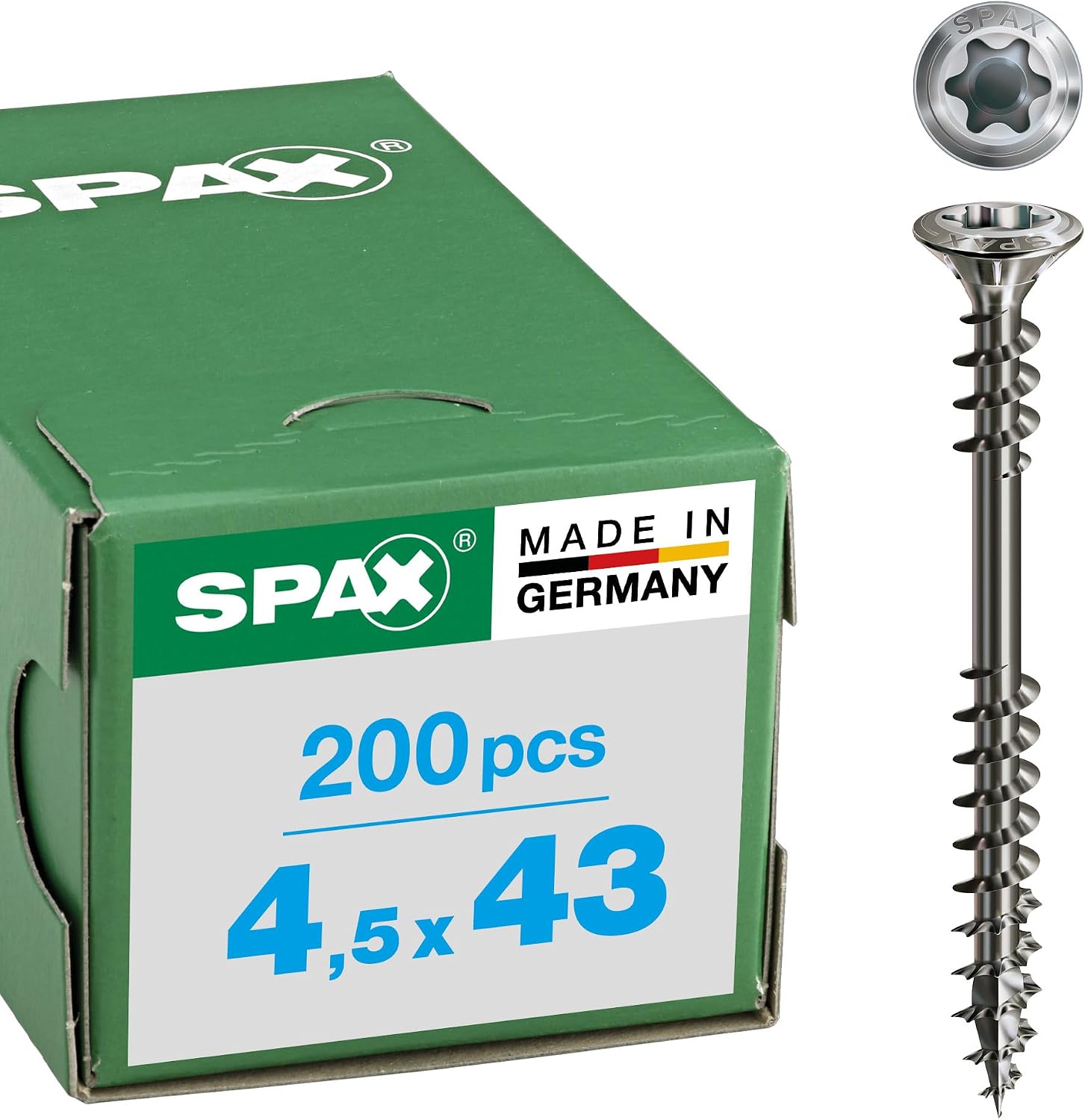 SPAX Facade Screw, 4.5 x 43 mm, Pack of 200, Fixing Thread, Raised Countersunk Head, T-Star Plus T20, 4CUT, Rustproof Stainless Steel A2-25470004504322