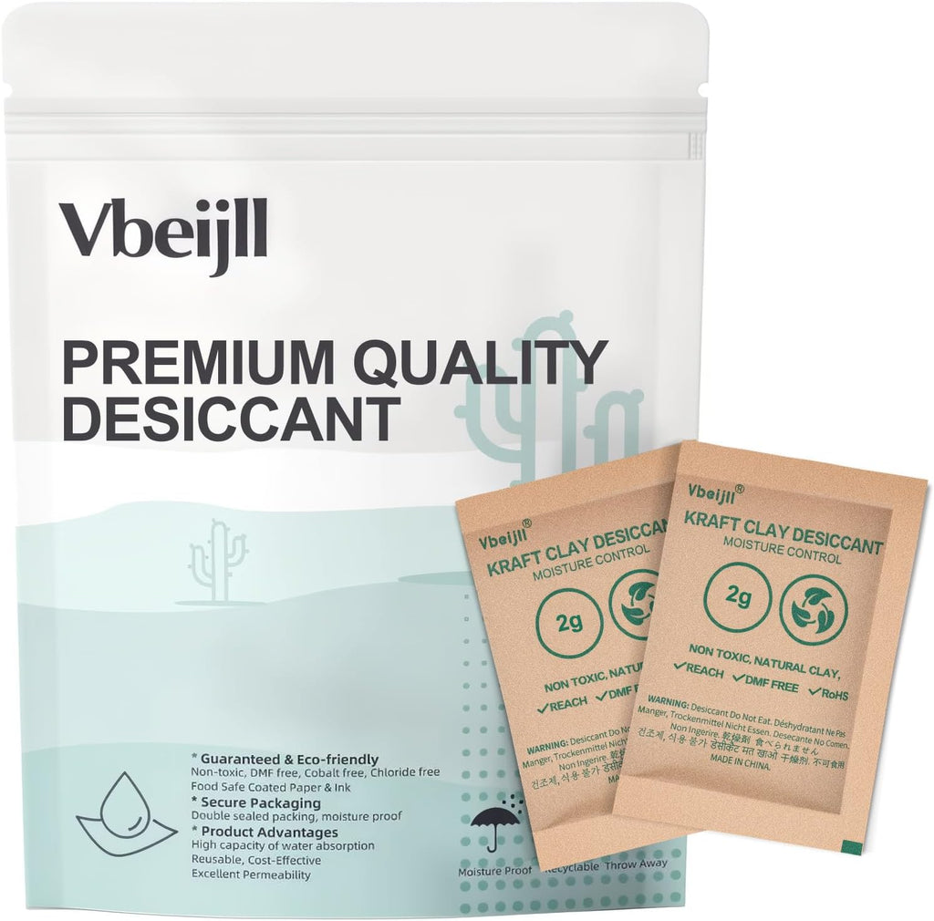 2 Gram (100 Pack) Kraft Clay Desiccants Packs, Premium Food Grade Desiccant - Rechargeable Moisture Absorbers for Food Storage, Electronics, 3D Filament & Safes