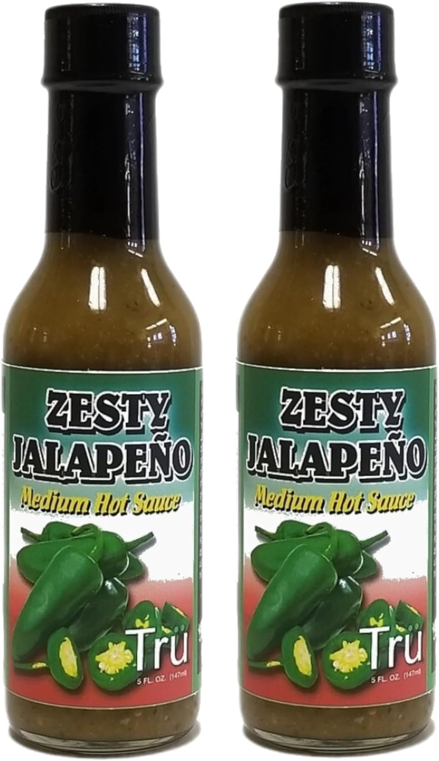Tru Zesty Jalapeño Medium Hot Sauce – All Natural & Fresh Ingredients | Tangy & Spicy Flavor with Smoked Black Pepper Pickle Blend, 5 Fl Oz (Pack of 2)