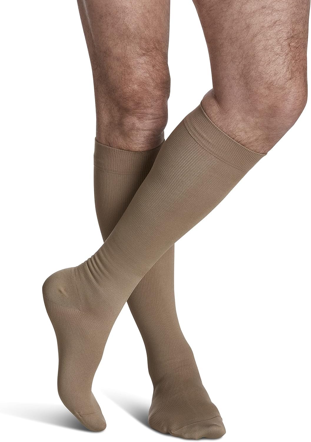 SIGVARIS Men’s Style Microfiber 820 Closed Toe Calf-High Socks 20-30mmHg - Medium Long - Tan-Khaki