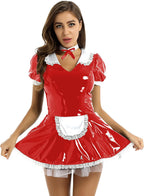 ACSUSS Women's Wet Look PVC Leather French Maid Cosplay Costume Mini Tulle Dress Apron Fancy Dress