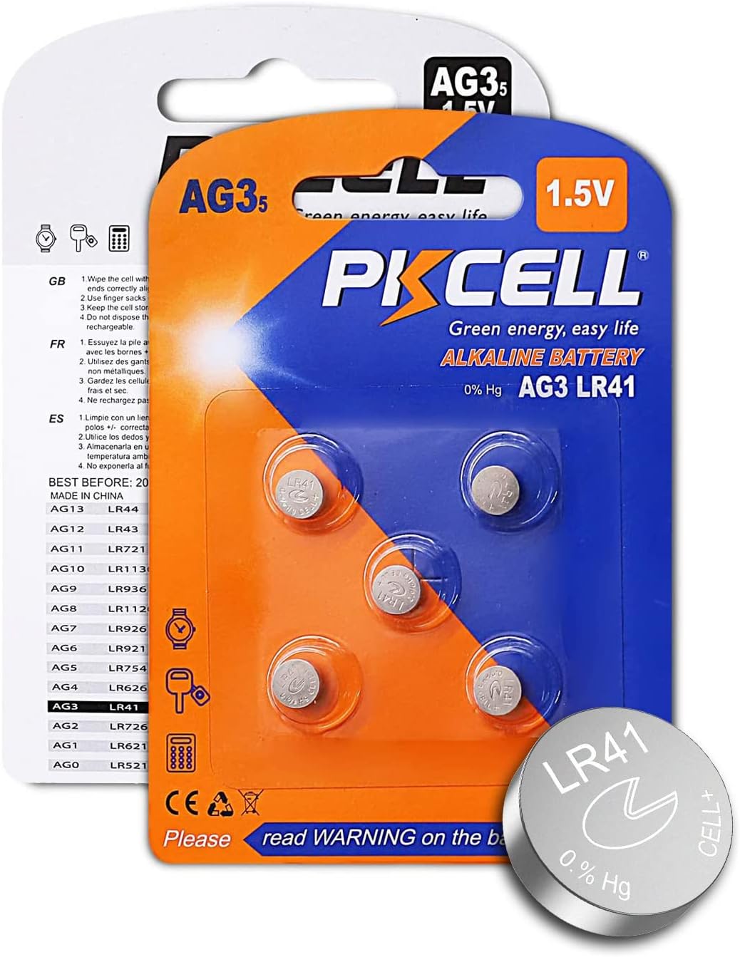 PKCELL AG3 1.5V Battery LR41 392 384 192 Button Alkaline Cell for Digital Thermometer- 5Count