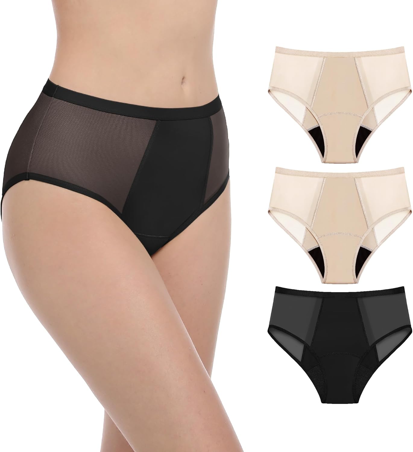 AIRCUTE Washable Women Urine Incontinence Underwear Leak Proof Panties for Bladder Leak with 50 ml Absorbency 3 Pack (1 Black-2 Beige, M)
