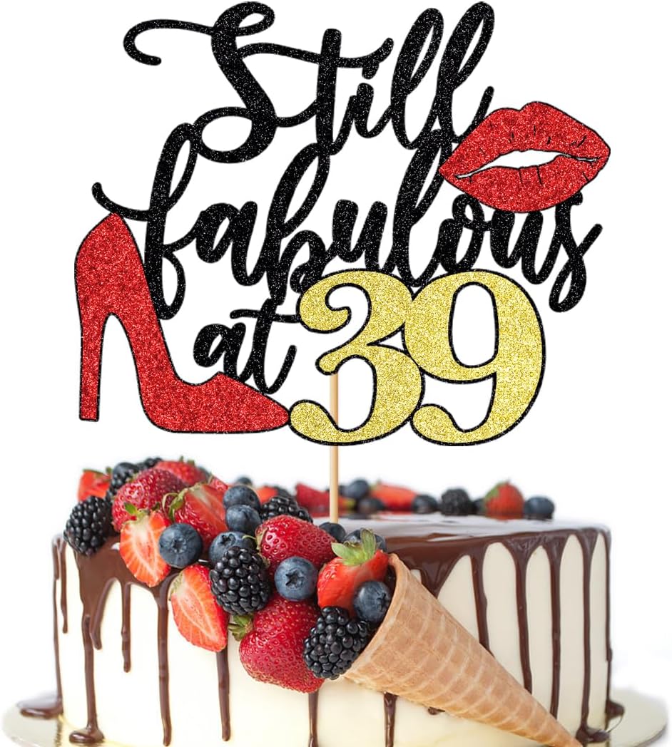 Still Fabulous at 39 Cake Topper,Happy 39th Birthday Cake Topper,Queen High heels Big Red lips Cake Topper,Women 39th Birthday Party Cake Decorations