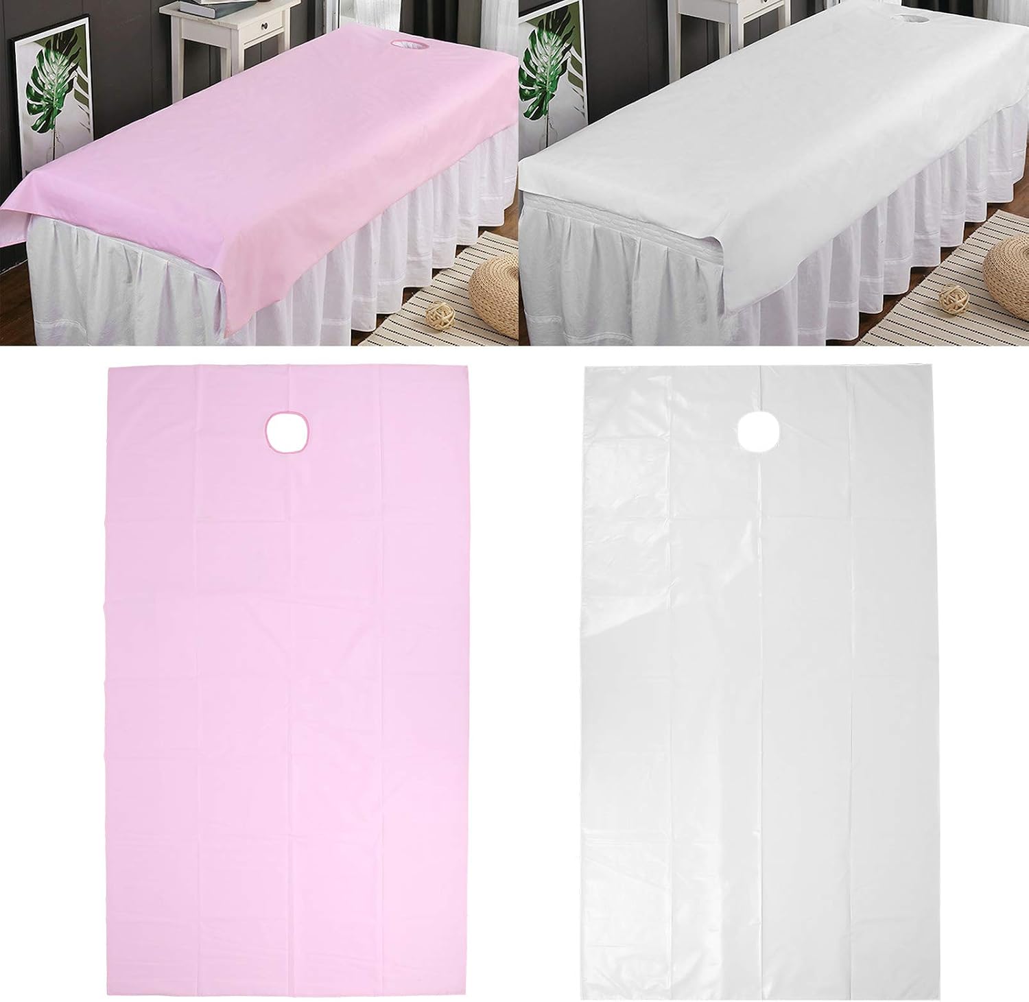 Spa Massage Bed Sheet, Oil Polyester Salon Table Cover with Face Hole Reusable Machine Washable Thick Soft 2 Pack Breathable Absorbing Bed Liner for Beauty Clinic Massage