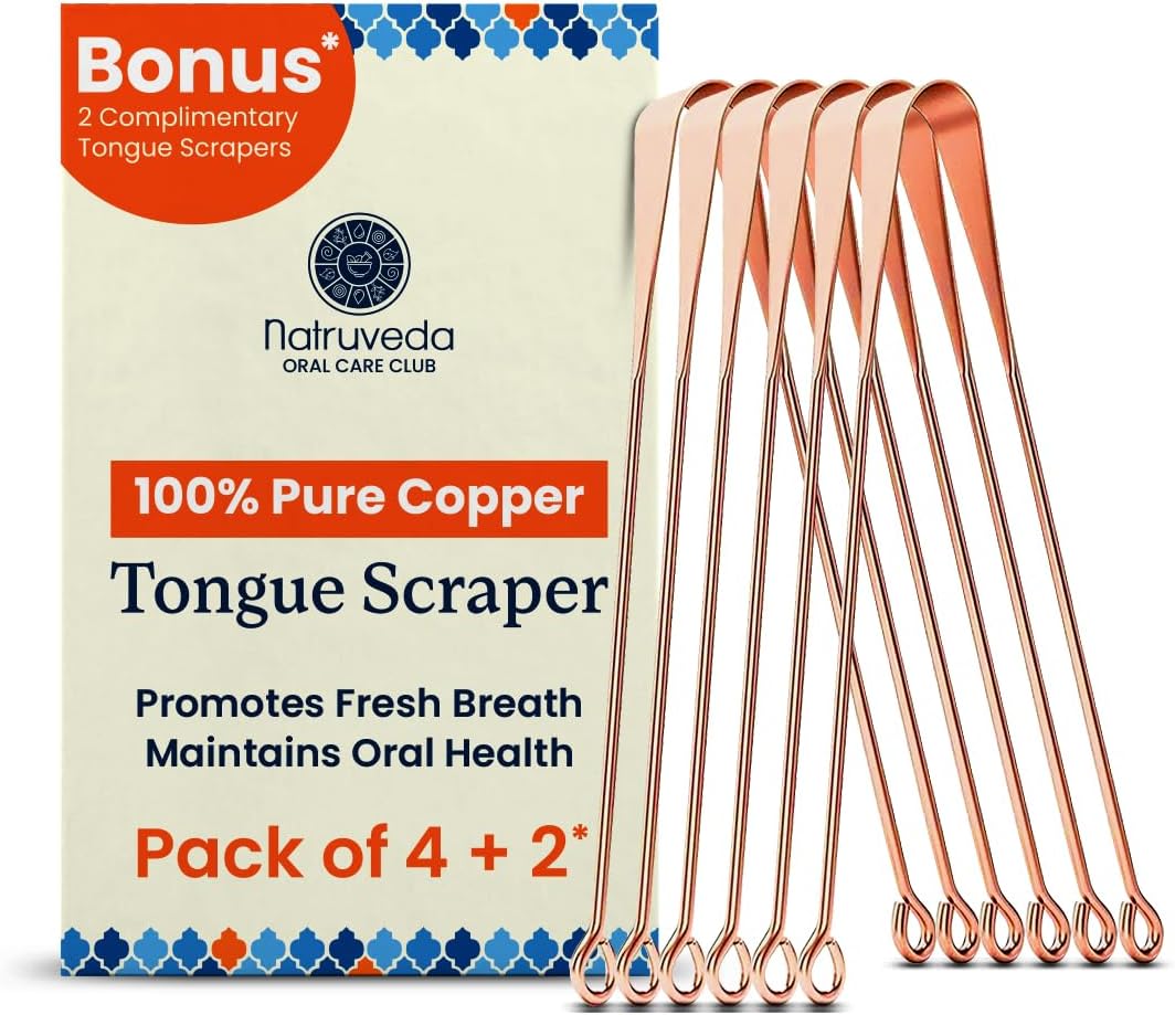 100% Pure Copper Tongue Scraper – Limpiador de Lengua Raspador for Adults & Kids | Metal Tongue Cleaner for Fresh Breath | Reusable Ayurvedic Tongue Scraper | Tongue Cleaning Tool (6 Pack, USA Seller)